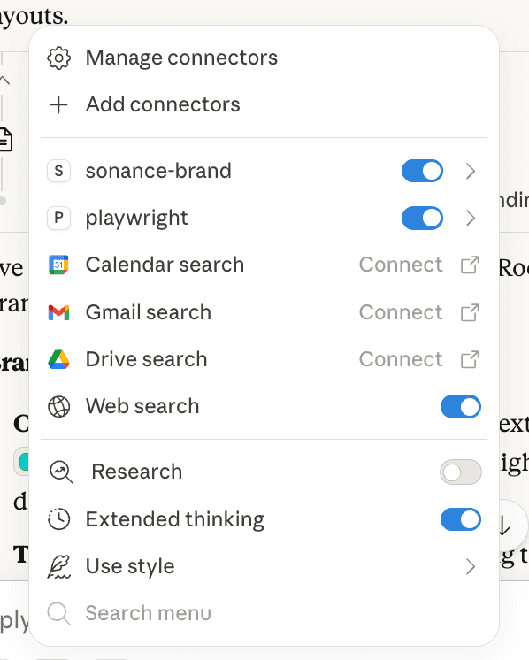 Claude Desktop - Connectors menu showing sonance-brand